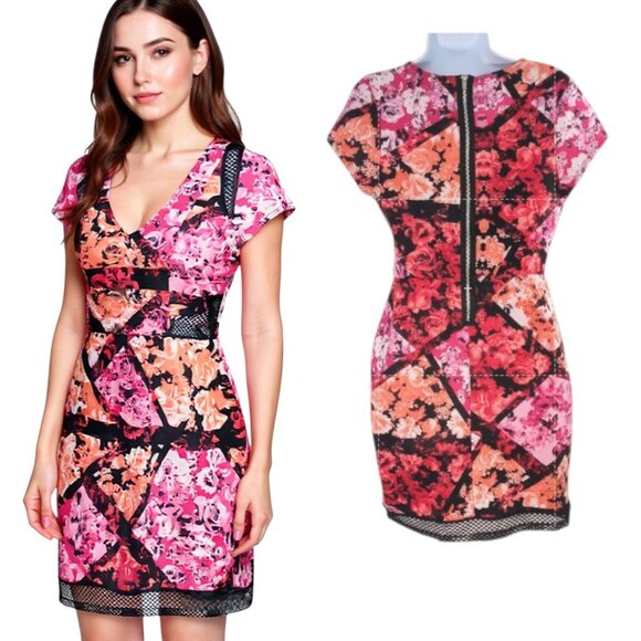 bailey blue Dresses & Skirts - Bailey Blue Stretch Knit & Mesh Dress Women's Sz L Multicolor Floral Sort Sleeve